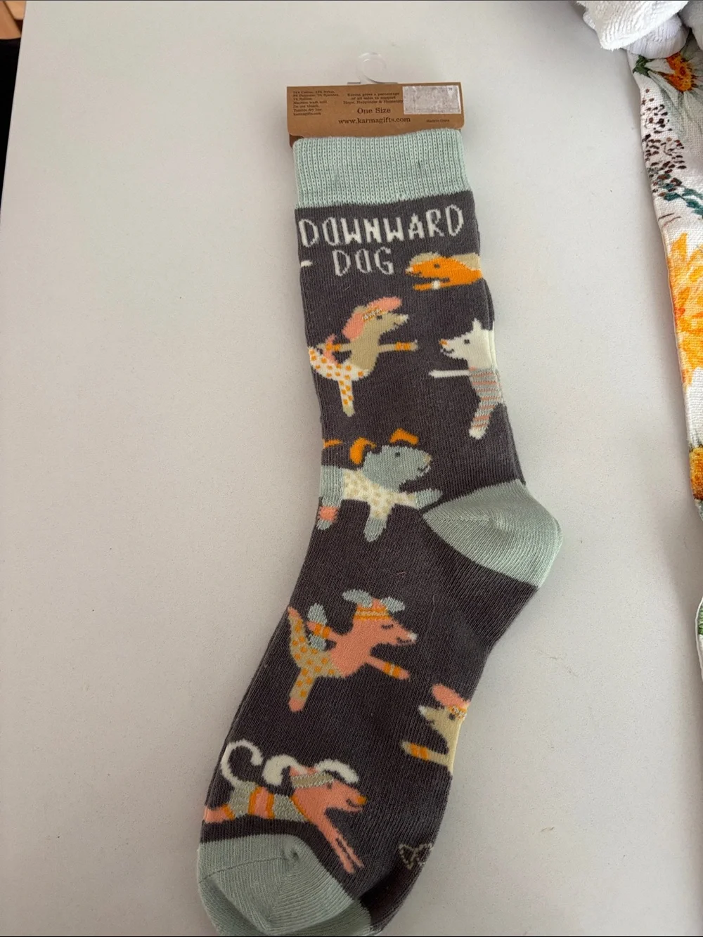 Karma Gray Crew Socks with Mint Cuff and Multicolor Dog Pattern